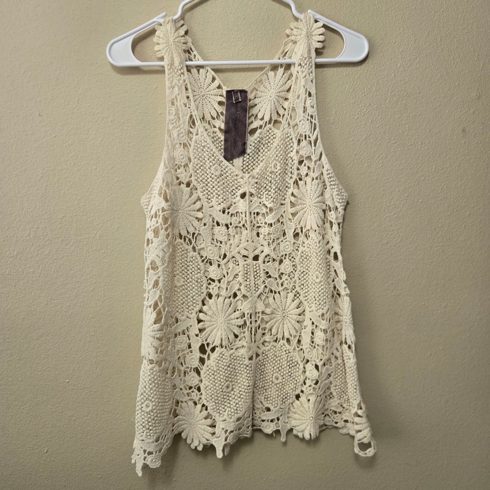 Moon Collection Women Cream Floral Crochet Tank Top Boho Cotton T810125 Large